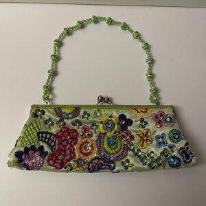 NWOT Green Satin Embroidered Beaded Clutch with Beaded Handle
